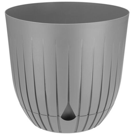 Maceta de plástico BRITTA con plato, tamaño 2, diámetro 16 cm, acanalada, diseño estriado, plástico, gris claro, mate