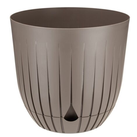 Maceta de plástico BRITTA con plato, tamaño 3, diámetro 21 cm, acanalada, diseño estriado, plástico, color topo, beige-marrón, mate
