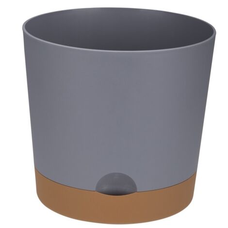 Maceta de plástico con platillo, tapa YUMO DUET, 20 cm, material gris mate, platillo marrón claro