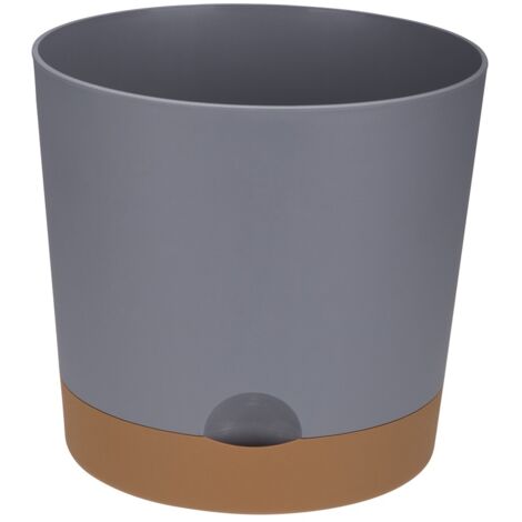 Maceta de plástico con platillo, tapa YUMO DUET, 25 cm, material gris mate, platillo marrón claro