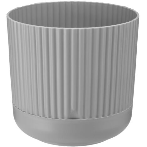 Maceta de plástico con plato y tapa NOSTALGIA 16 cm, material gris mate, estampado de rayas