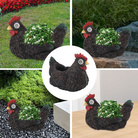 Maceta de resina con forma de gallina para flores/suculentas con iluminación solar automática – sensor de luz – negra – para el jardín