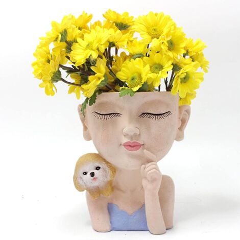 Maceta de resina con linda figura de mujer y cabeza de perro, maceta con orificio de drenaje, maceta para plantas suculentas, maceta para plantas suculentas y cactus.