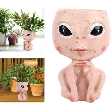 Maceta de resina única con forma de extraterrestre y orificio de drenaje para suculentas, ideal para decorar interiores, exteriores o como adorno de mesa.