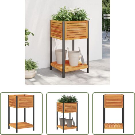 Maceta decorativa -  Jardinera con estante madera maciza acacia y acero 45x45x80 cm