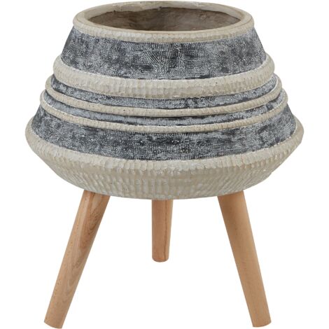 Maceta industrial alta soporte de madera de magnesio a rayas beige y gris Athaea