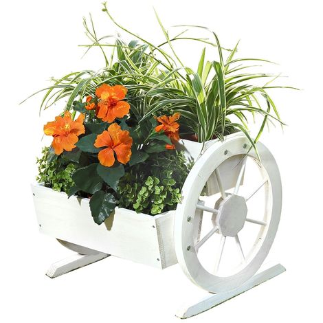 Maceta ruedas de carro florero de madera Blanco jardín decoración de jardín caja de madera flor plantas decorativo exterior terraza