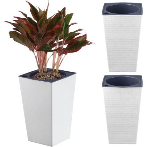 Macetas autorriego de 27,2 x 17,5 cm para plantas de interior, macetas blancas autorriego moradas, macetas de plástico cuadradas con patrón de papel tapiz 3D, paquete de 2
