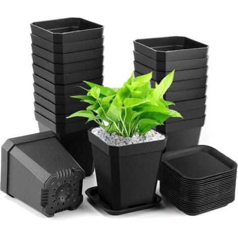 Macetas cuadradas de plástico grueso para semilleros con platillos – Paquete de 20 (7 x 8 x 5 cm), ideales para plantas jóvenes y esquejes.