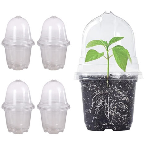 Macetas de plástico, 20 macetas transparentes para plántulas con cúpulas de humedad, diámetro de 10 cm, con orificios de drenaje, para plantas de interior