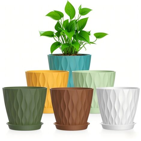 Macetas de plástico de 10 cm con orificios de drenaje y platillo, aptas para plantar en interiores y exteriores, incluyendo suculentas y hierbas, juego de 5 piezas.