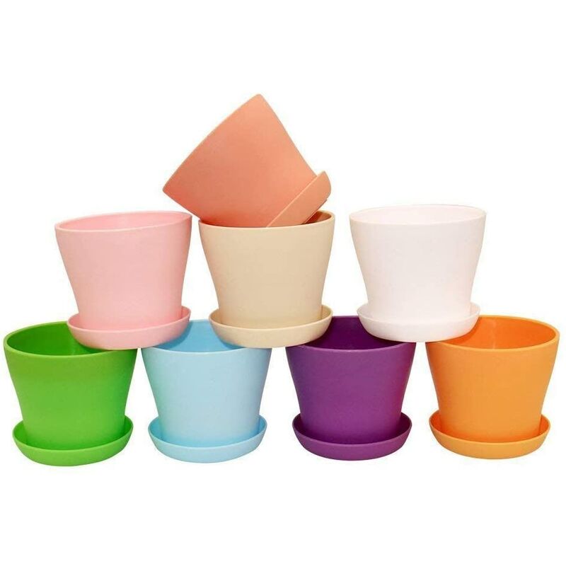 

Macetas de plástico de colores de 8 piezas, maceta de interior de 10 cm con paletas para plantas en macetas y otras plantas pequeñas