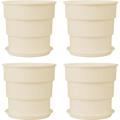 Macetas de plástico rellenables – 4 macetas (14 x 13,5 cm) + platillos – control de raíces, transpirables, de paredes gruesas – ideales para hiedra, rosas, balcones e interiores.