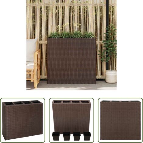 Macetas extraíbles -  Jardinera alta con 4 macetas ratán sintético marrón