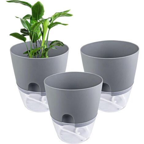 Macetas Ineasicer de 3 piezas, grises, de 15,3 cm de ancho, con sistema de riego automático, transparentes, con sistema de mecha para balcones e interiores.