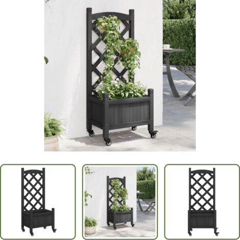 Macetero con ruedas -  Jardinera con enrejado y ruedas madera maciza de abeto negro