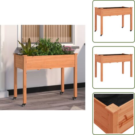Macetero con ruedas - vidaXL Jardinera con forro y ruedas madera abeto marrón 118x59x80 cm - Jardinera con forro interior