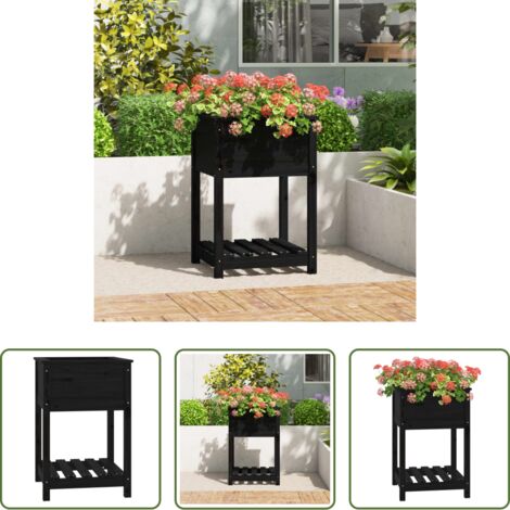 Macetero de pino -  Jardinera con estante madera maciza de pino negro 54x54x81 cm