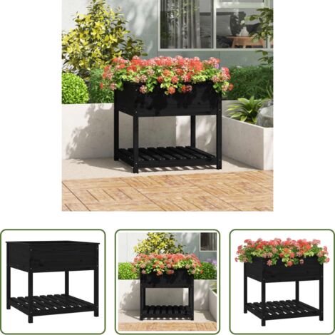 Macetero de pino -  Jardinera con estante madera maciza pino negro 82,5x82,5x81 cm