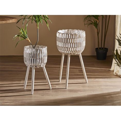 Macetero Entramado Madera Nat. C/Patas Decap. Blancas 65 Cms. S/2 33Dx65 Cms
