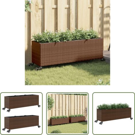 Maceteros de jardín -  Jardineras con ruedas 2 uds ratán sintético marrón 107x32x38 cm