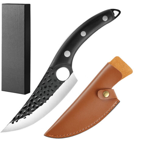 Machette découpe manche bois noir forgé martelé Abattage, désossage, tranchage viande, poisson, porc, mouton, épluchage Étui cuir PU fait main avec support intérieur
