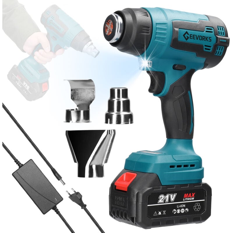 Machine à air chaud portative sans fil Équipement de chauffage rechargeable au lithium Outil électrique haute température avec 3 buses pour emballage