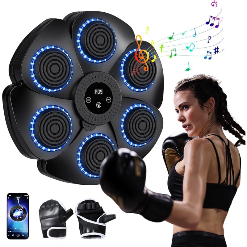 Machine à Boxe Musicale, 2024 Nouvelle Machine de Boxe Murale Intelligente -Bluetooth avec Gants de Boxe Adultes Enfants, 9 Le Mode de Vitesse et de