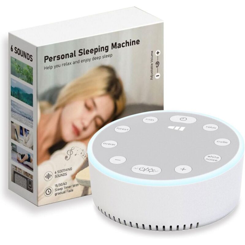 Machine à bruit blanc avec veilleuse – 6 sons apaisants – Minuterie 15/30/60 min – Rechargeable USB – Matériau ABS