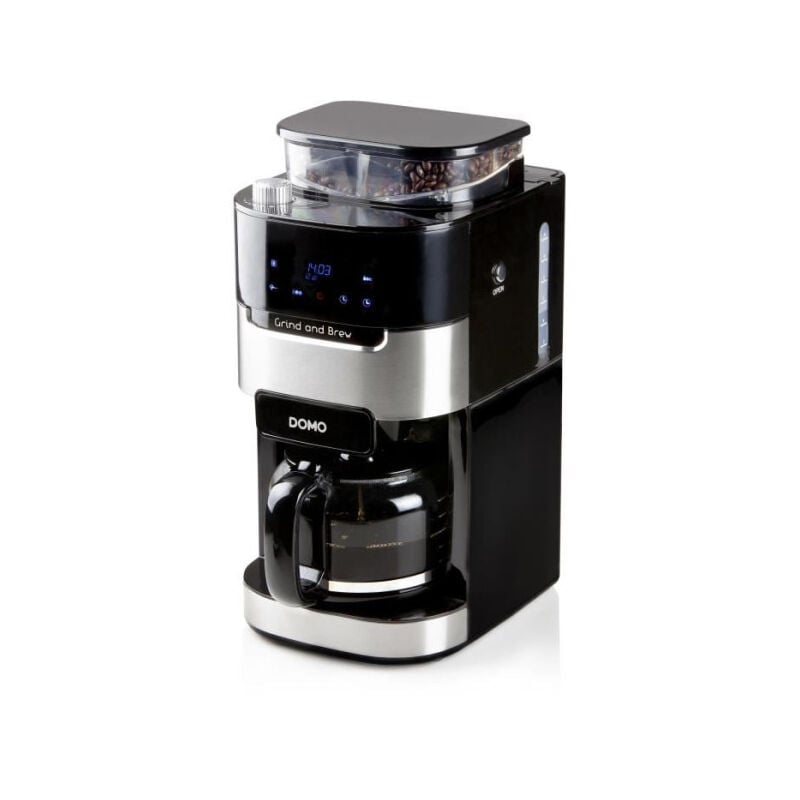 Machine a Cafe - Cafetiere Electrique filtre avec moulin intégré Domo DO721K - 900 w - 1,5 l - 12 tasses - 200 g de grains - Ecran lcd - 3 intensités