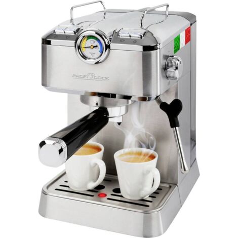 Machine à café expresso inox 1,5L – 20 bars – Pré-infusion automatique – Buse vapeur inox – 2 porte-filtres pour espresso et capsules Nespresso – Profi Cook
