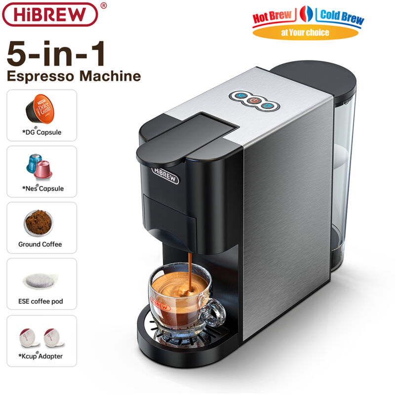 Machine à café HiBREW H3A 5 en 1, pression 19 bars, mode froid/chaud, réservoir d'eau 1000 ml, protection anti-séchage - Argent