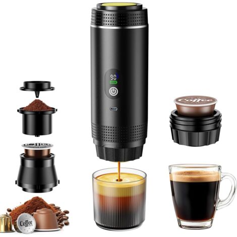 Machine à Café Portable 3 en 1 avec Batterie, Machine à Espresso USB-C pour Voiture, Compatible avec Capsules et Café Moulu, Gadget pour Camping-Car et Cadeau Camping, Noir