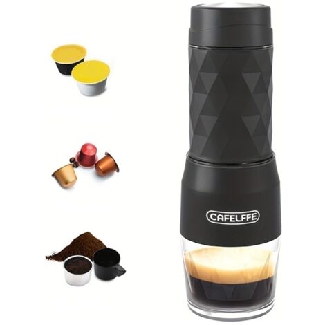 Machine à café portable 3-en-1 manuelle, idéale pour randonnée, pêche, camping, voyage léger ou cadeau pour débutants, couleur noire.