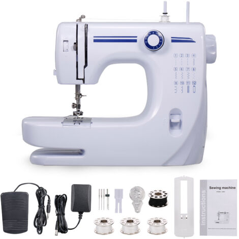 Machine à coudre électrique portable Multifonction Freesew - Stitchmaster - 12 types de points, max 8 épaisseurs, pieds métalliques, adaptateur inclus, 220V/110V, blanc, 33.3 x 24.3 x 15 cm