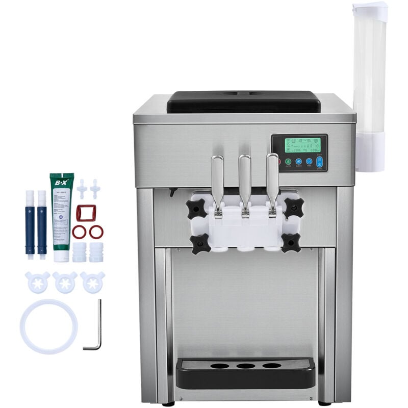Machine à crème glacée commerciale Mophorn rendement de 21 qt/h, comptoir 3 saveurs de 1800 w, 2 trémies de 4 l, 2 cylindres de 1,8 l, panneau lcd,