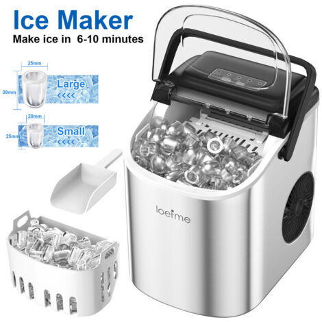 Machine à glaçons 12 kg / 24 h 6-13 minutes 9psc de production 2 tailles de glaçons Réservoir d'eau de 1,2 L Silencieuse Acier inoxydable métallique Avec poignée LOEFME Argent