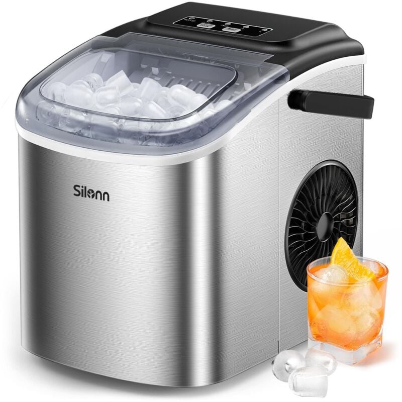 Machine à Glaçons Portable 1.2L – Production Rapide, Autonettoyante, Silencieuse – 29x22x29cm, Idéale pour Maison, Bureau, Fête, Blanc Silonn