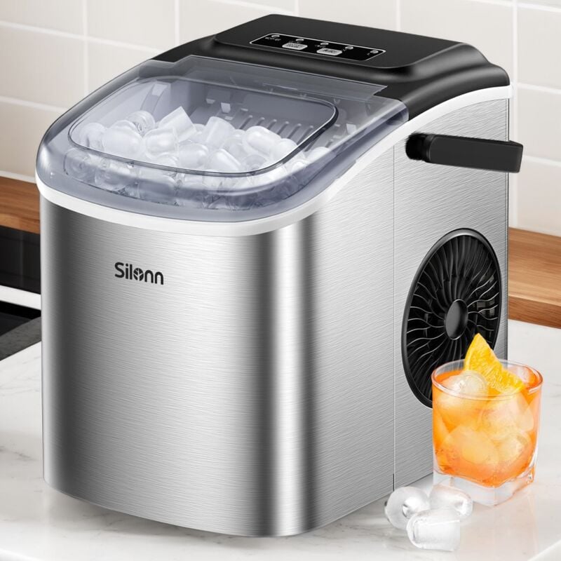 Machine à glaçons portable 1.2L - Fabrication ultra-rapide - Autonettoyante et silencieuse - Interface intuitive - Pour maison/bureau - Argent Silonn