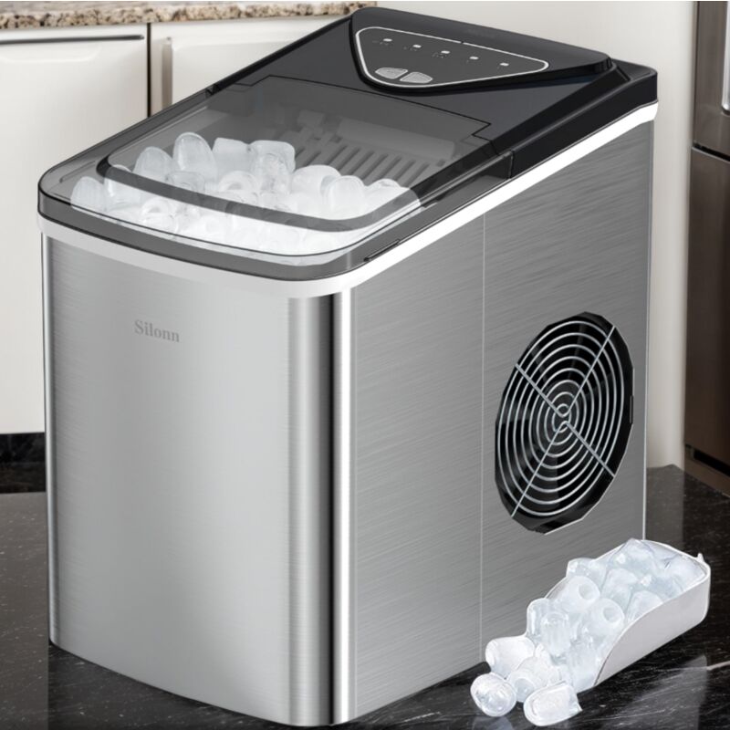 Machine à glaçons portable 2L inox - Autonettoyante - 9 glaçons/6min (12kg/24h) - Silencieuse - Pour maison/bureau/bar - Blanc Silonn