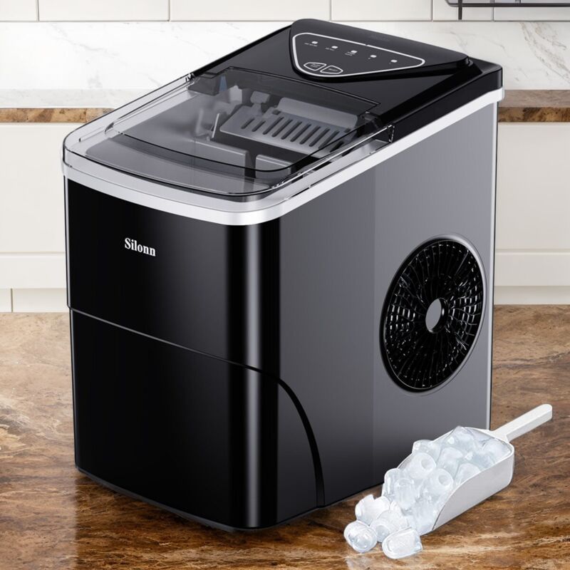 Machine à glaçons portable 2L inox - Autonettoyante - 9 glaçons/6min (12kg/24h) - Silencieuse - Pour maison/bureau/bar - Noir Silonn