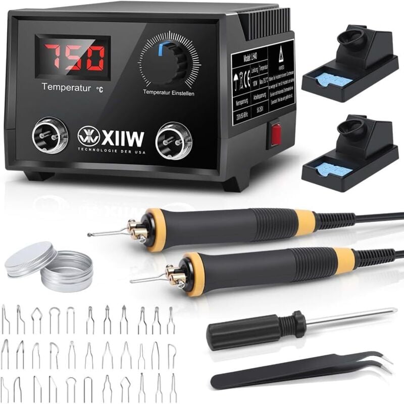 Xiiw - Machine à pyrographie, 100 w, brûleur à bois avec 2 stylos et 33 pointes métalliques, station de pyrogravure réglable de 0 à 750 °c, double