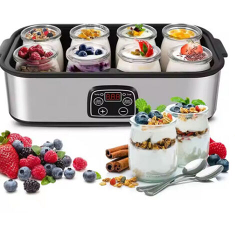 Machine à yaourt - 8 pots (180ml chacun) - Contrôle automatique de température - Timer 0-48h - 25W - Acier inoxydable, métal, verre