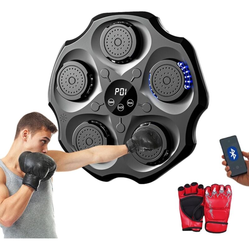 Machine de Boxe Musicale, Équipement D'entraînement de Boxe Mural en PU avec Gants de Boxe, Tapis de Boxe LED, Bluetooth, Lumières au Rythme de la