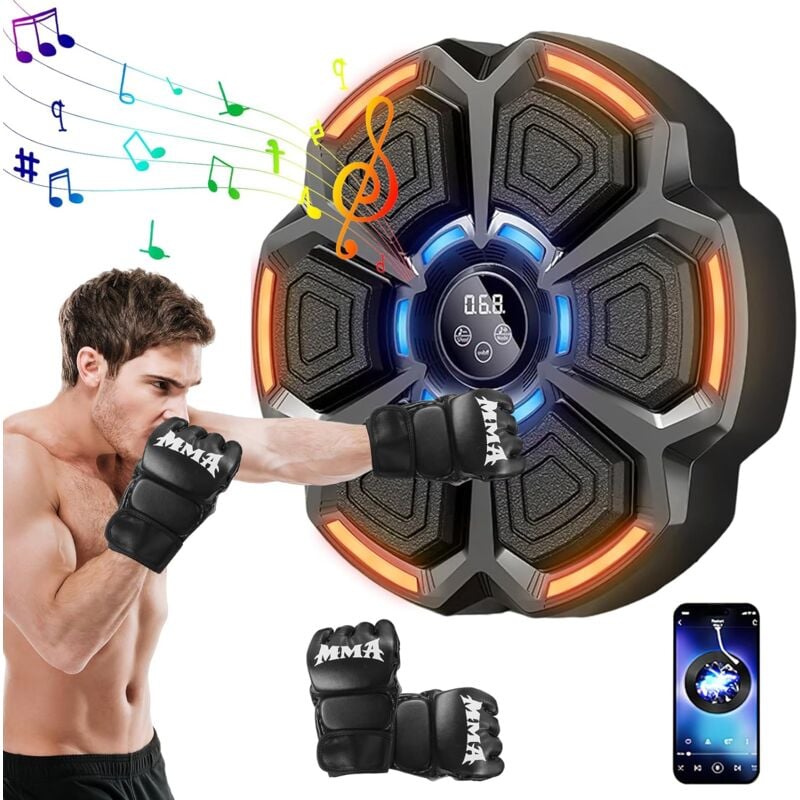 Machine de boxe musicale, Smart LED, Bluetooth, avec gants de boxe, cible de boxe murale, 9 modes de vitesse et mode de comptage pour adultes et