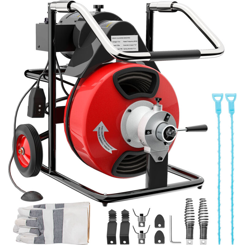 Machine de nettoyage de drain Mophorn 75 pi x 3/8 po, convient aux tuyaux de 1-1/4 à 4 po, tarière de drainage électrique portable avec 2 ensembles