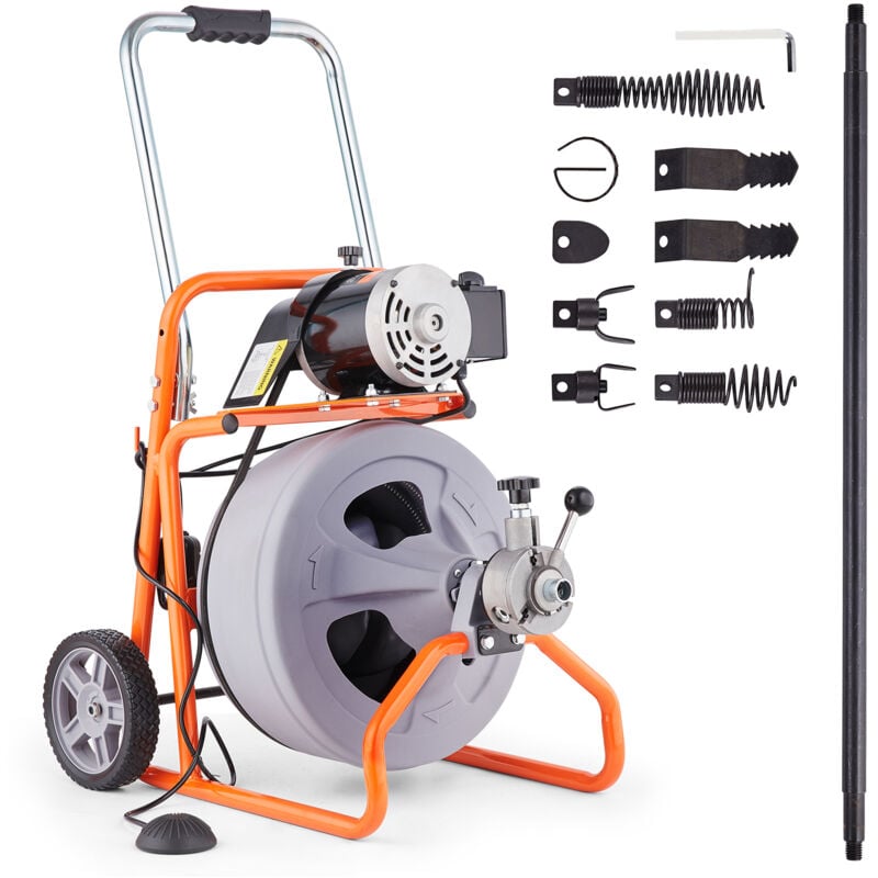 Machine de nettoyage de drain Vevor 100FT x 1/2 pouce, tariere de drainage a alimentation automatique sur roues, machine de nettoyage de drain