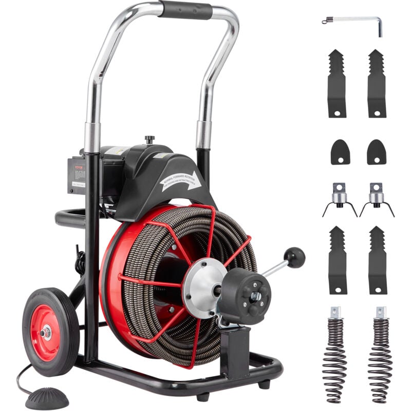 Vevor - Machine de nettoyage de drain 100FT x 1/2 pouce, tariere deegout a alimentation automatique sur roues, machine de nettoyage de drain portable