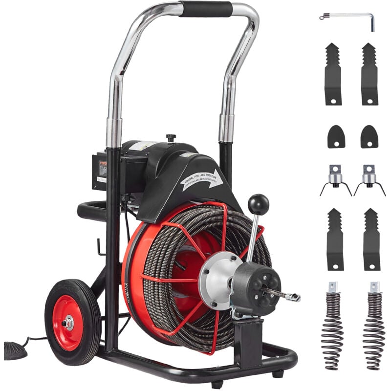 Vevor - Machine de nettoyage de drain 100FT x 3/8 pouces, tariere deegout a alimentation automatique sur roues, machine de nettoyage de drain