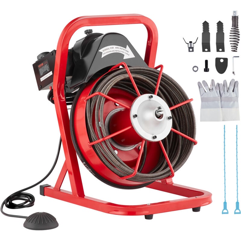 Machine de nettoyage de drain Vevor 50FT x 3/8 pouces, tariere deegout a alimentation manuelle, machine de nettoyage de drain electrique 250W avec 4